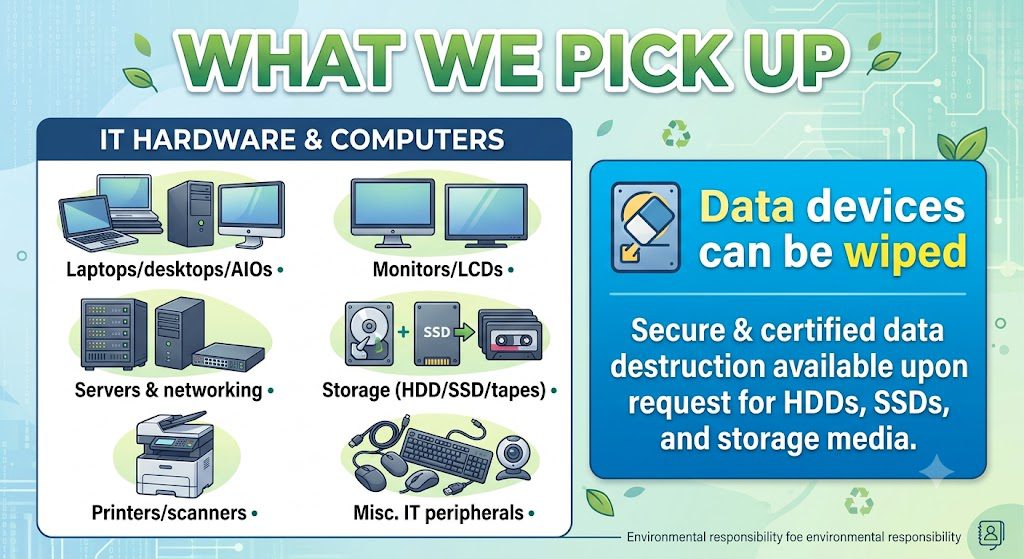 What we pick up (business & enterprise) Laptops/desktops/AIOs • Monitors/LCDs • Servers & networking • Storage (HDD/SSD/tapes) • Printers/scanners • Misc. IT peripherals. Data devices can be wiped (NIST 800-88) or shredded with proof.
